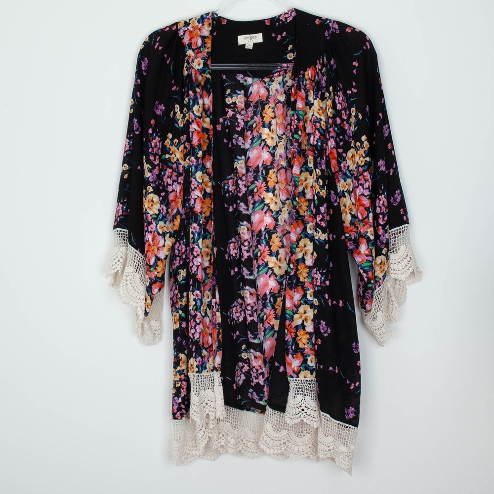 Umgee Black Floral Lace Trim Kimono Cardigan Duster Womens Size S/M Cottagecore